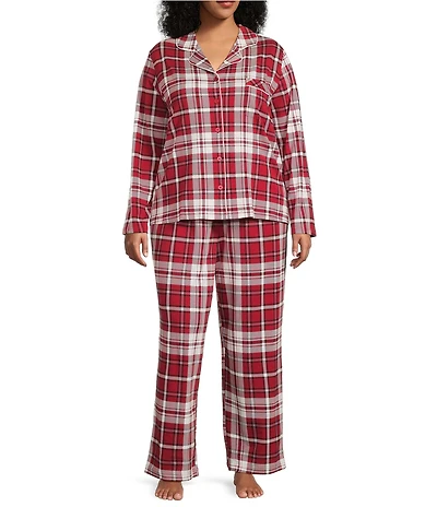 Cabernet Plus Size Plaid Print Long Sleeve Notch Collar Long Holiday Knit Pajama Set