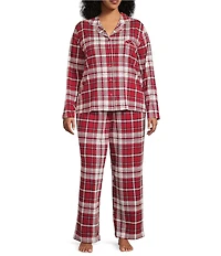 Cabernet Plus Size Plaid Print Long Sleeve Notch Collar Long Holiday Knit Pajama Set