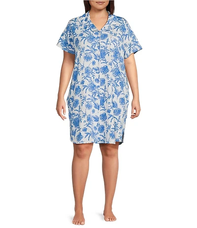 Cabernet Plus Size Short Sleeve Notch Collar Button-Front Bird Toile Knit Sleepshirt