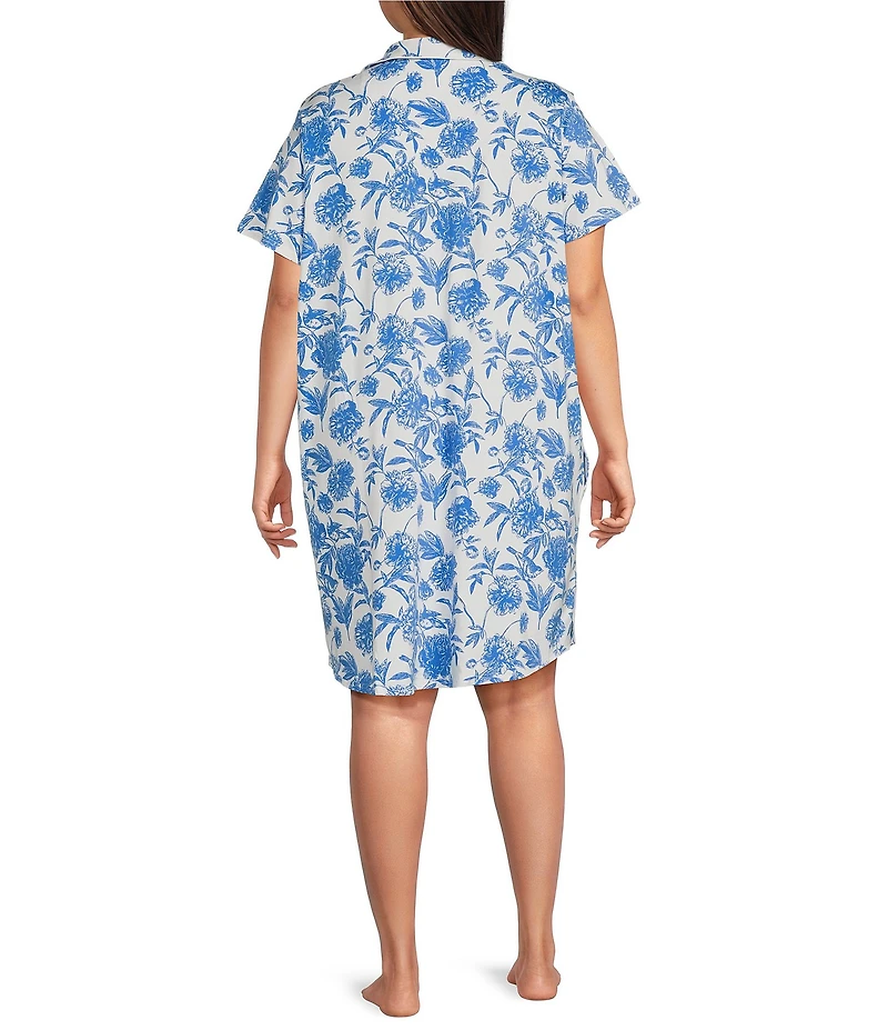 Cabernet Plus Size Short Sleeve Notch Collar Button-Front Bird Toile Knit Sleepshirt