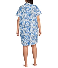 Cabernet Plus Size Short Sleeve Notch Collar Button-Front Bird Toile Knit Sleepshirt