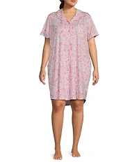 Cabernet Plus Size Short Sleeve Notch Collar Button Front Jacobean Knit Sleepshirt