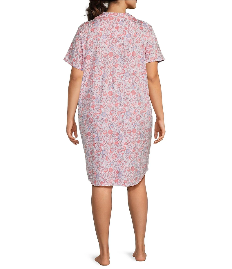 Cabernet Plus Size Short Sleeve Notch Collar Button Front Jacobean Knit Sleepshirt