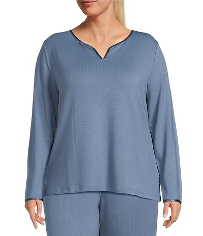 Cabernet Plus Size Solid French Terry Henley Neck Long Sleeve Coordinating Sleep Top