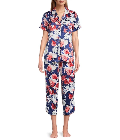 Cabernet Satin Brush Floral Print Short Sleeve Notch Collar Capri Pajama Set