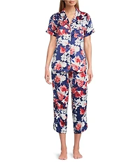 Cabernet Satin Brush Floral Print Short Sleeve Notch Collar Capri Pajama Set