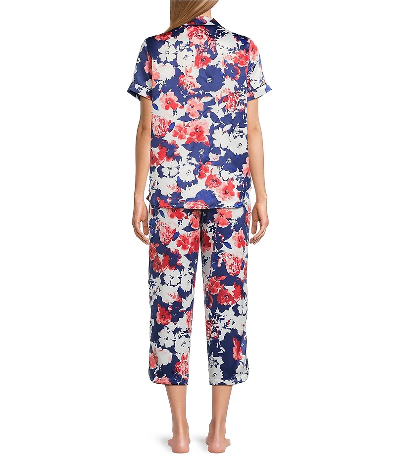 Cabernet Satin Brush Floral Print Short Sleeve Notch Collar Capri Pajama Set