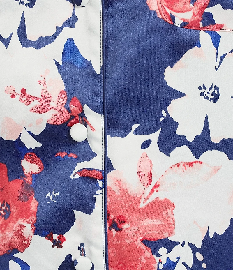 Cabernet Satin Brush Floral Print Short Sleeve Notch Collar Capri Pajama Set
