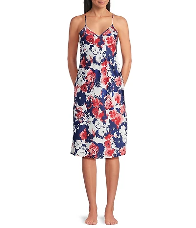 Cabernet Satin Brush Floral Print Sleeveless V-Neck Chemise