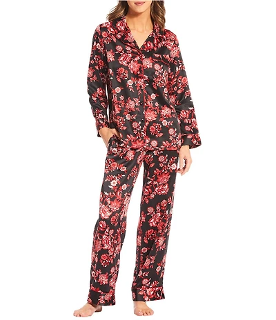 Cabernet Satin Damask Print Long Sleeve Notch Collar Pajama Set