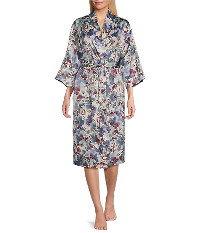 Cabernet Satin Floral Print 3/4 Sleeve Coordinating Short Wrap Robe