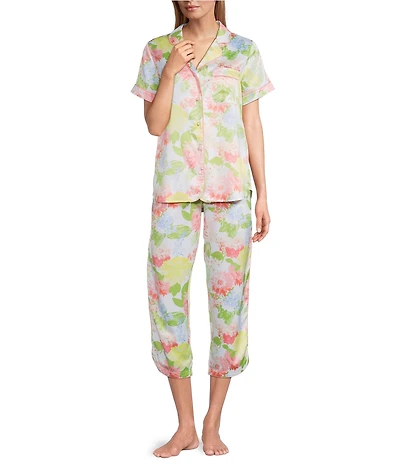 Cabernet Satin Floral Print Short Sleeve Notch Collar & Pant Pajama Set