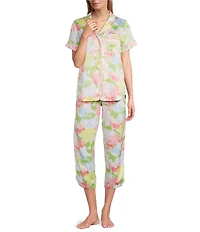 Cabernet Satin Floral Print Short Sleeve Notch Collar & Pant Pajama Set