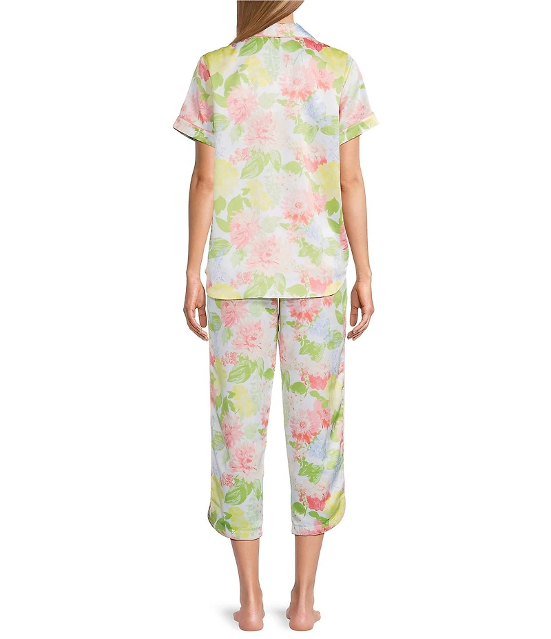 Cabernet Satin Floral Print Short Sleeve Notch Collar & Pant Pajama Set