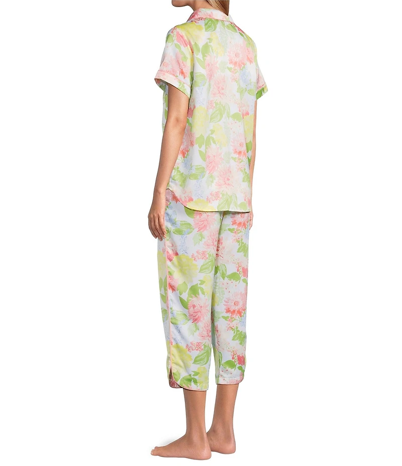 Cabernet Satin Floral Print Short Sleeve Notch Collar & Pant Pajama Set