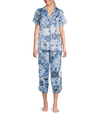 Cabernet Satin Floral Print Short Sleeve Notch Collar Capri Pajama Set