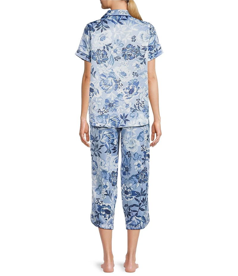 Cabernet Satin Floral Print Short Sleeve Notch Collar Capri Pajama Set