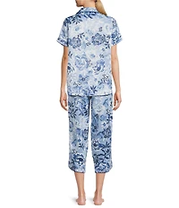 Cabernet Satin Floral Print Short Sleeve Notch Collar Capri Pajama Set