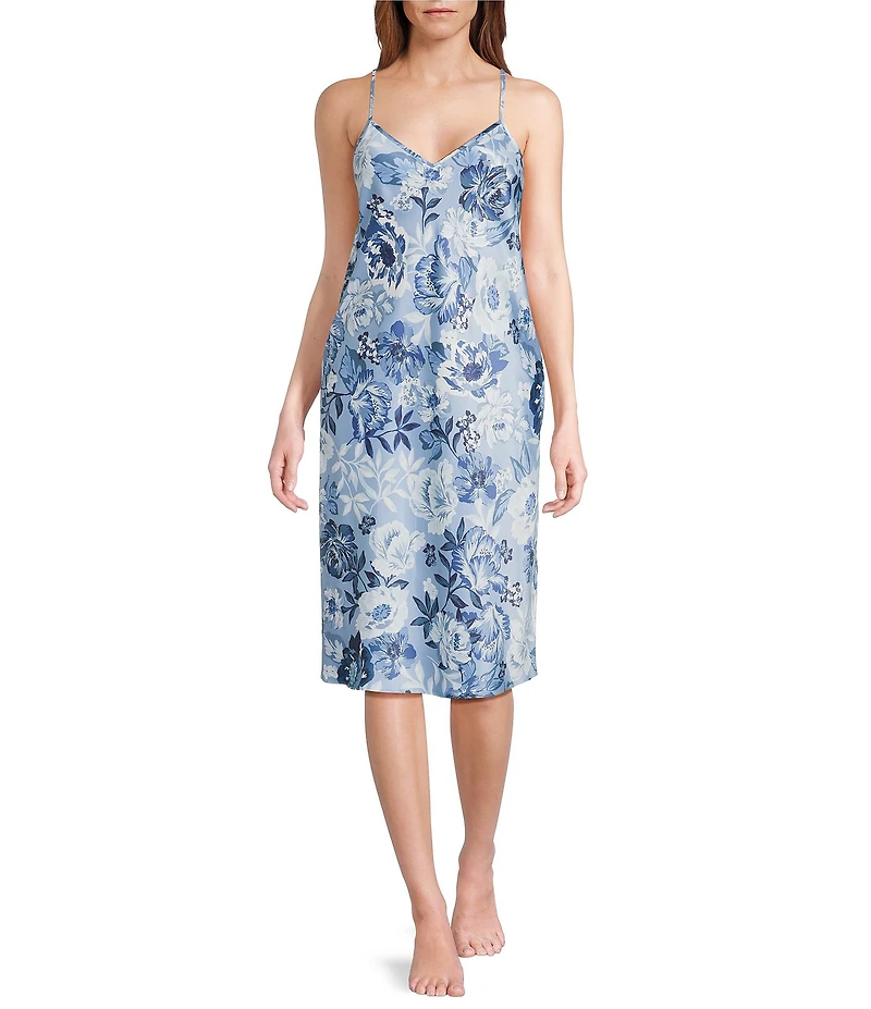 Cabernet Satin Floral Print Sleeveless V-Neck Chemise