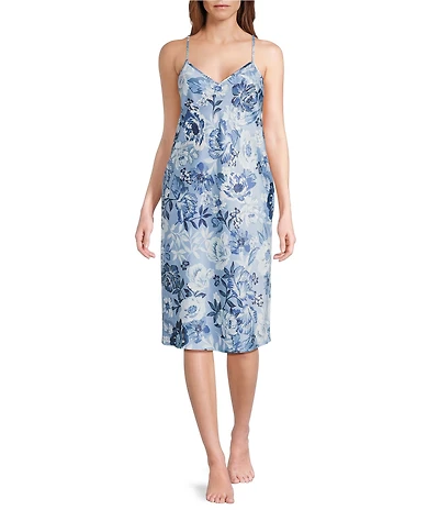 Cabernet Satin Floral Print Sleeveless V-Neck Chemise