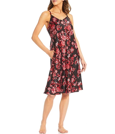 Cabernet Satin Floral Print Sleeveless V-Neck Coordinating Chemise