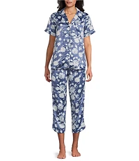 Cabernet Satin Floral Short Sleeve Button Front Notch Collar Capri Pajama Set
