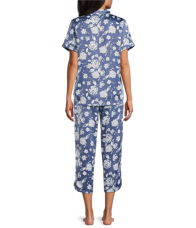 Cabernet Satin Floral Short Sleeve Button Front Notch Collar Capri Pajama Set
