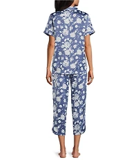Cabernet Satin Floral Short Sleeve Button Front Notch Collar Capri Pajama Set