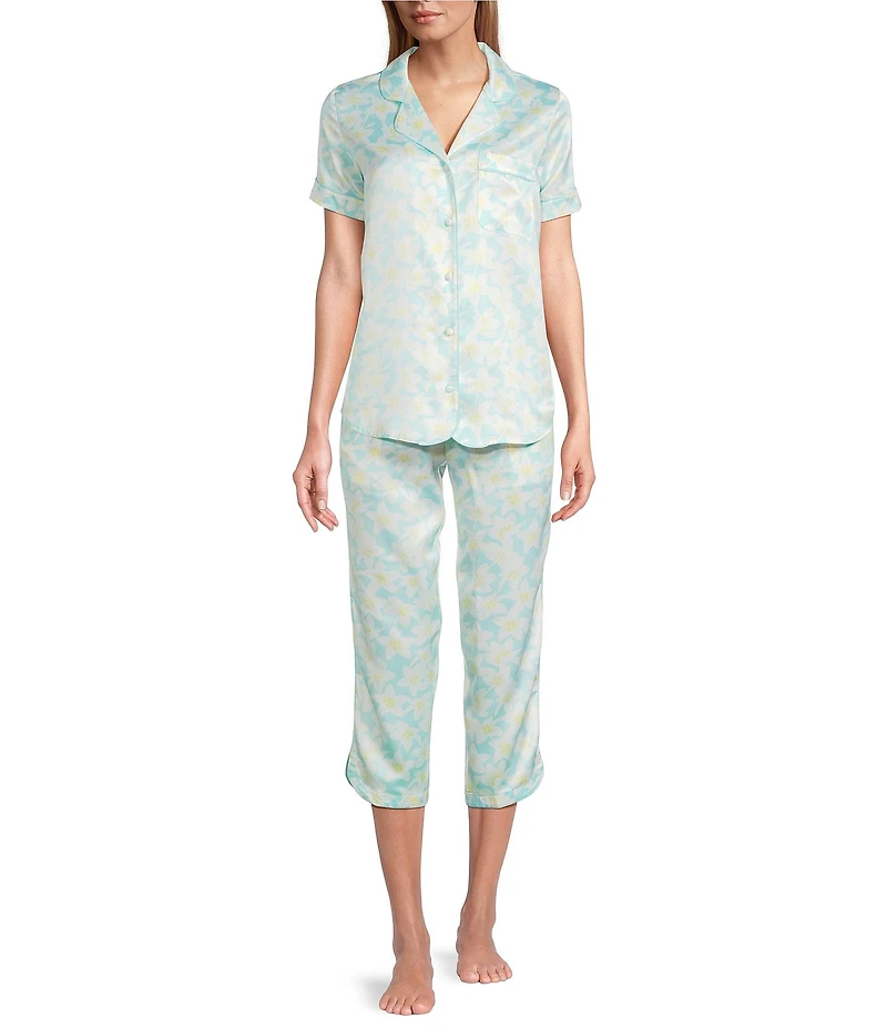 Cabernet Satin Floral Short Sleeve Notch Collar & Pant Pajama Set