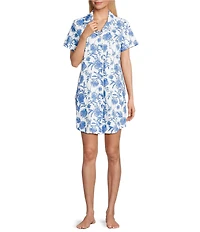 Cabernet Short Sleeve Notch Collar Button-Front Bird Toile Knit Sleepshirt