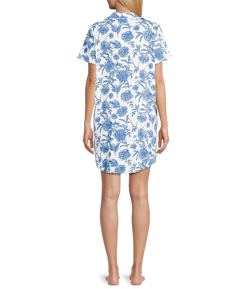 Cabernet Short Sleeve Notch Collar Button-Front Bird Toile Knit Sleepshirt