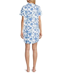 Cabernet Short Sleeve Notch Collar Button-Front Bird Toile Knit Sleepshirt