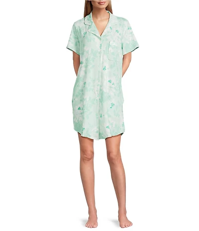 Cabernet Short Sleeve Notch Collar Button-Front Floral Knit Sleepshirt