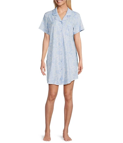 Cabernet Short Sleeve Notch Collar Button-Front Floral Knit Sleepshirt