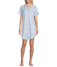 Cabernet Short Sleeve Notch Collar Button-Front Floral Knit Sleepshirt