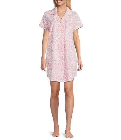 Cabernet Short Sleeve Notch Collar Button Front Jacobean Knit Sleepshirt