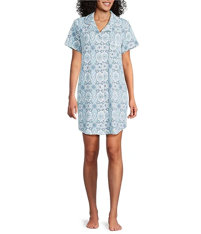 Cabernet Short Sleeve Notch Collar Button-Front Tile Print Knit Sleepshirt