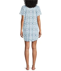Cabernet Short Sleeve Notch Collar Button-Front Tile Print Knit Sleepshirt