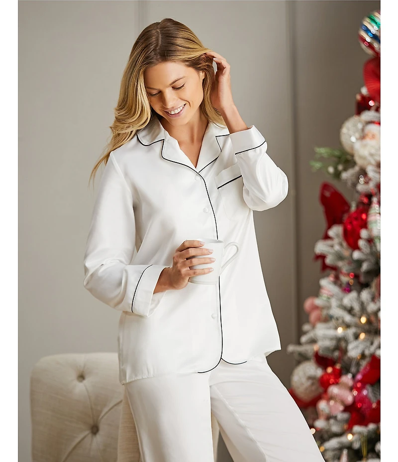 Cabernet Solid Contrast Piping Coordinating Satin Pajama Set