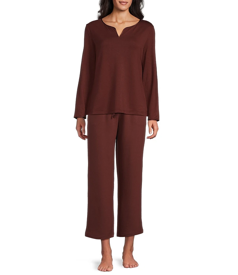 Cabernet Solid French Terry Split Round Neck Long Sleeve Coordinating Sleep Top