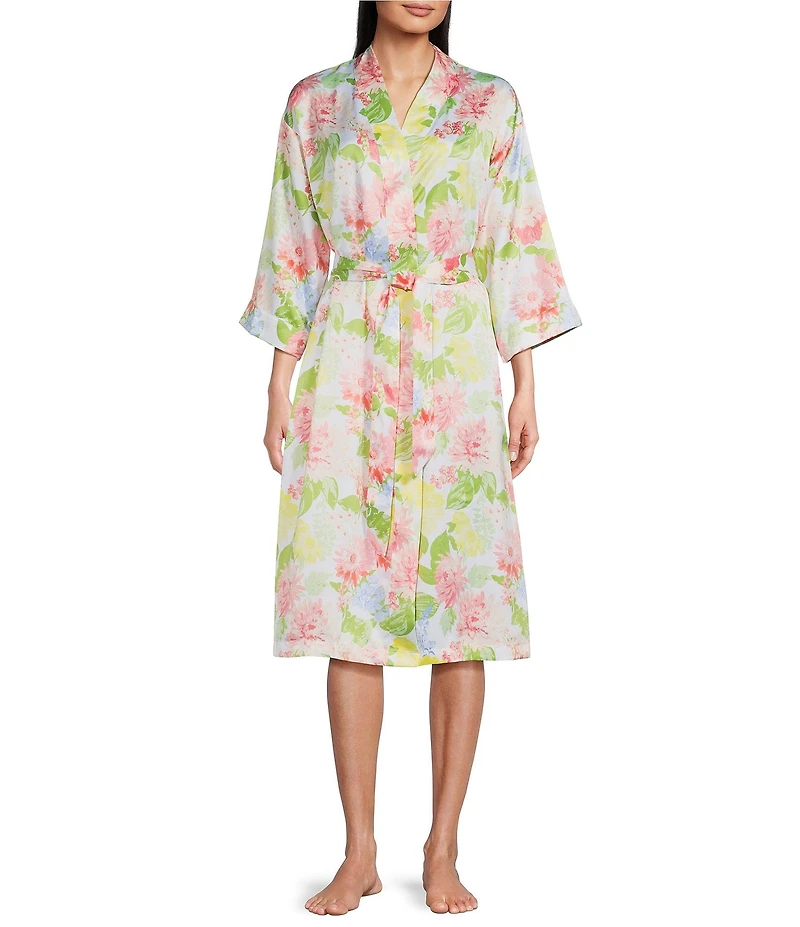 Cabernet Woven Satin Floral Print Shawl Collar 3/4 Kimono Sleeve Tie Waist Short Robe