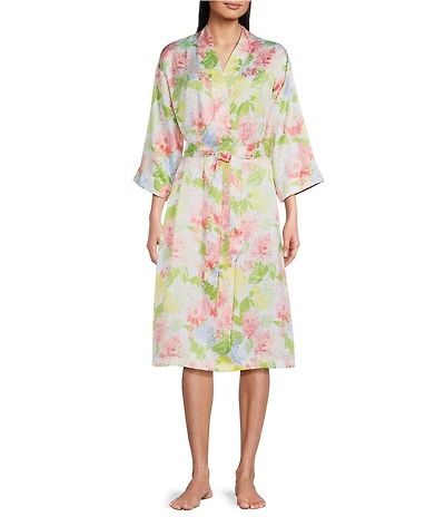 Cabernet Woven Satin Floral Print Shawl Collar 3/4 Kimono Sleeve Tie Waist Short Robe