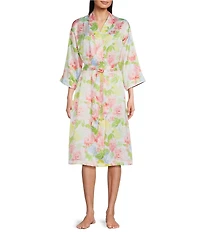 Cabernet Woven Satin Floral Print Shawl Collar 3/4 Kimono Sleeve Tie Waist Short Robe
