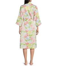 Cabernet Woven Satin Floral Print Shawl Collar 3/4 Kimono Sleeve Tie Waist Short Robe