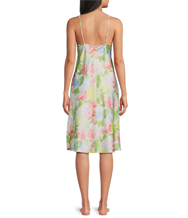 Cabernet Woven Satin Floral Print Sleeveless V-Neck Chemise