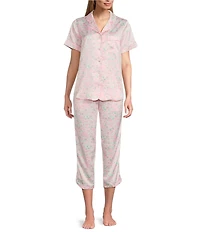 Cabernet Woven Satin Floral Short Sleeve Notch Collar Capri Pajama Set