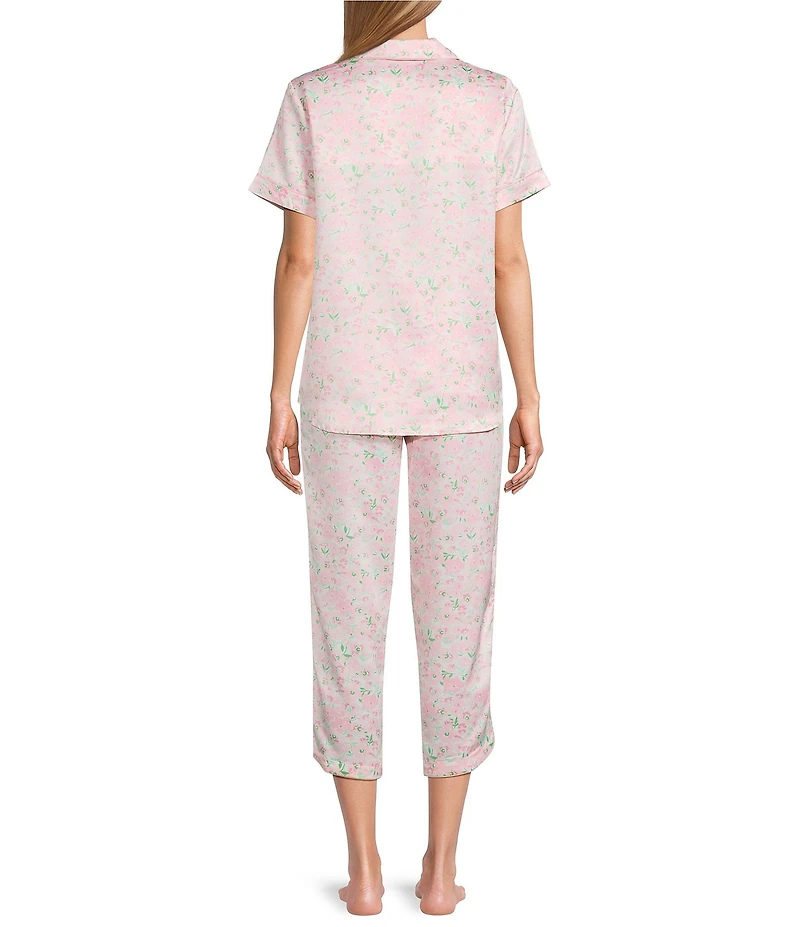 Cabernet Woven Satin Floral Short Sleeve Notch Collar Capri Pajama Set