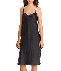 Cabernet Woven Solid Satin Sleeveless V-Neck Pocketed Chemise