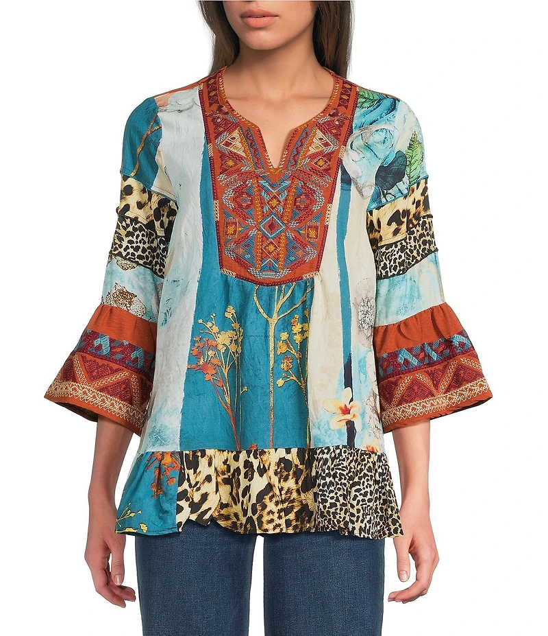 Calessa Embroidered Patchwork Split V-Neck 3/4 Sleeve Tunic