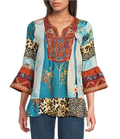 Calessa Embroidered Patchwork Split V-Neck 3/4 Sleeve Tunic